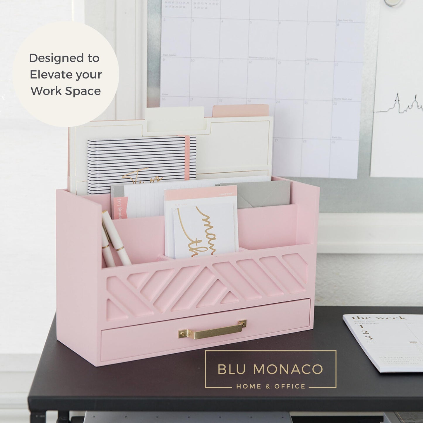 BLU MONACO | Pink Desk Organizers Wooden Mail Organizer with Drawer | Mail Sorter Organizer Countertop Gold Handle | Desk Organizers and Accessories