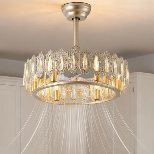 Thoxipn 20" Gold Crystal Fandelier Ceiling Fan with Light Caged Mid Century