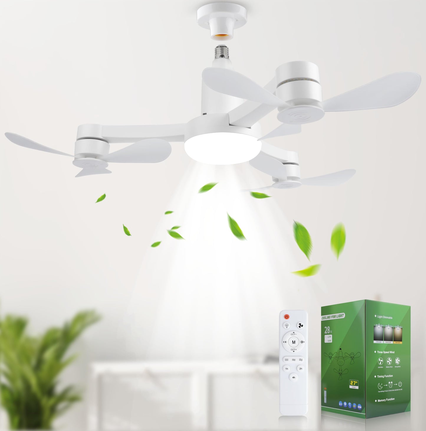 CRAYALIU Three Arm Ceiling Fan - 27" Smart Dimmable Ceiling Fan with Light 3000K-6500K/60W, Drone Fan Design Silence Ceiling Fan Light for Living Room