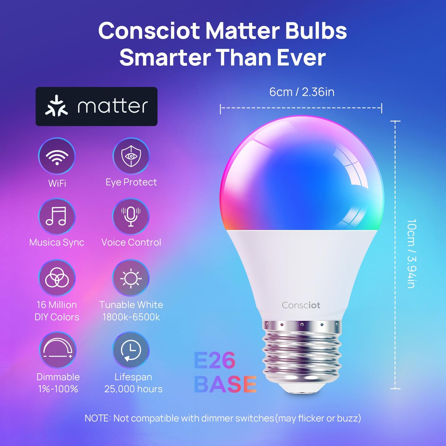 Consciot Smart Light Bulbs, WiFi Bluetooth Color Changing LED Light Bulb, Music Sync, 60W Equivalent Smart Bulb, A19 E26 RGBTW Light Bulbs That Works