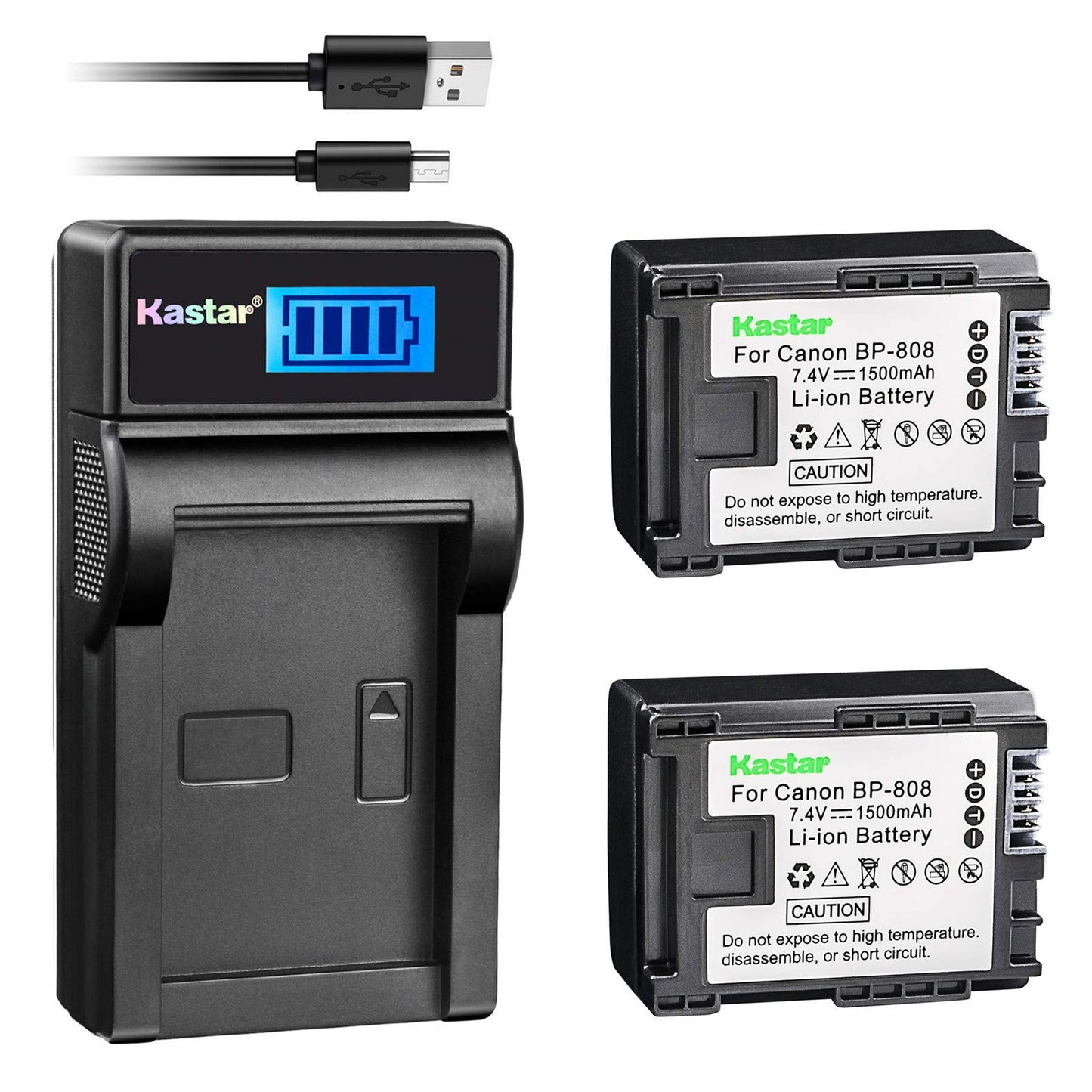 Kastar Battery 2 Pack & Slim LCD USB Charger for Canon BP-808 Canon VIXIA HF G10 G20 M30 M31 M32 M40 M41 M300 M400 S10 S11 S20 S21 S30 S100 S200 HF10