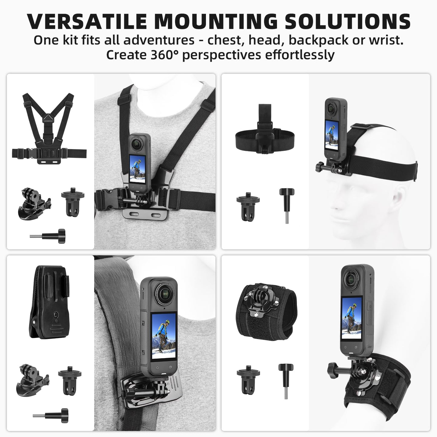 BRDRC Accessories Kit for Insta 360 X5 X4 Air, Chest Mount Head Strap Harness Backpack Clip Holder Wrist Strap, 360°Rotating Adapter + Quick Release