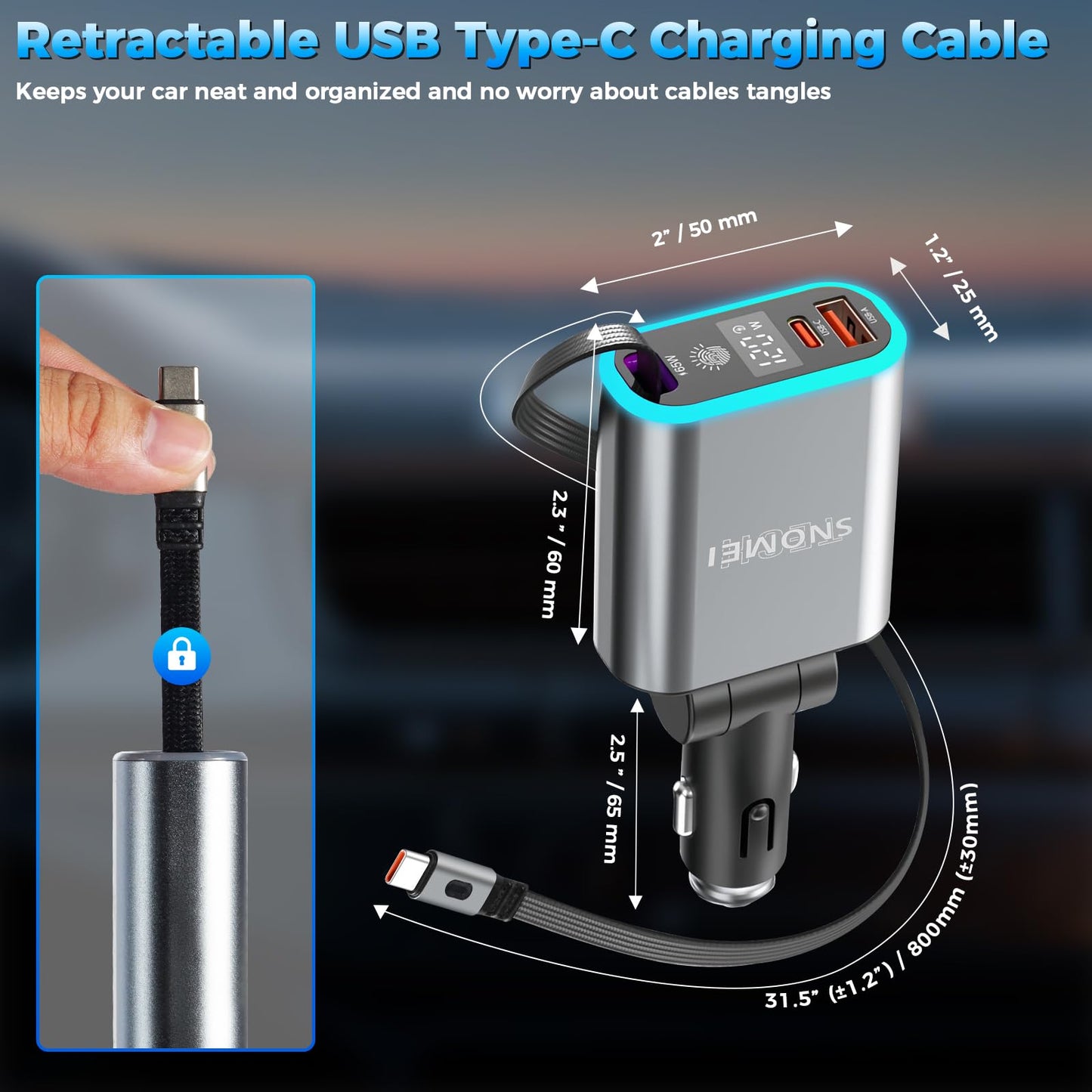 120W Retractable Car Charger, 3-in-1 Fast USB C Car Adapter with 31in Retractable Cable (65W Max), 180° Adjustable Cigarette Lighter Splitter
