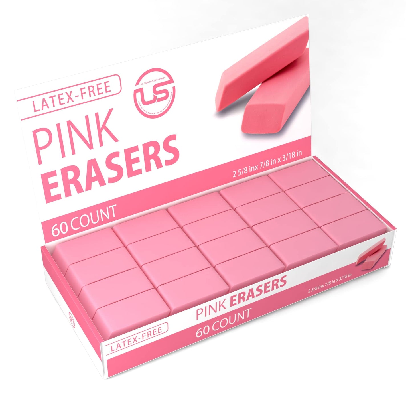Pink Erasers, 60 Count Rectangular Eraser Bulk Pack, Latex Free Pink Pearl Erasers for School Supplies, Art and Office