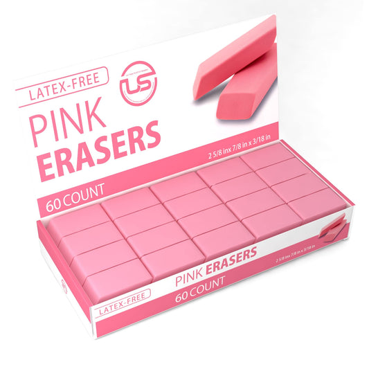 Pink Erasers, 60 Count Rectangular Eraser Bulk Pack, Latex Free Pink Pearl Erasers for School Supplies, Art and Office