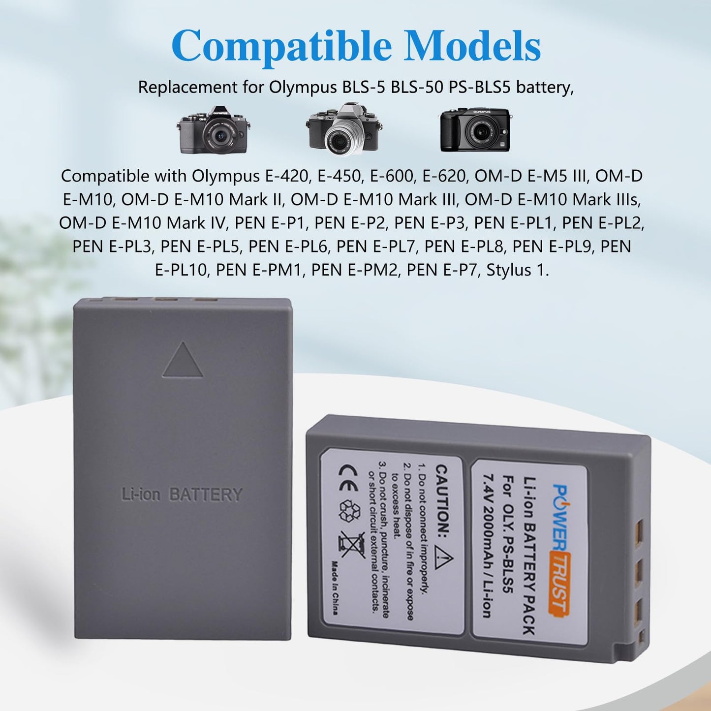 PowerTrust 2-Pack PS-BLS5 BLS-5 BLS5 Bls50 Batteries and LCD USB Charger for Olympus OM-D E-M10,Mark III,Mark II,Pen E-PL2,E-PL6,E-PM2, Stylus 1