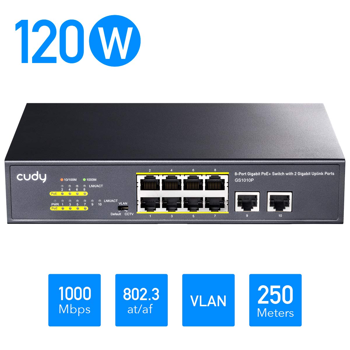 Cudy GS1010P 10-Port Gigabit Ethernet Unmanaged PoE Switch, with 8 x PoE+ @ 120W, Desktop/Rackmount, CCTV / VLAN Mode, 802.3af/ 802.3at, Plug and Play
