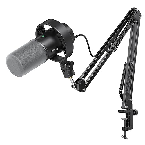FIFINE K688 Podcast Microphone Kit, USB/XLR Dynamic Microphone with Boom Arm for PC/XLR Mixer, Gaming Mic with Mute Button, Headphone Jack for Vocal
