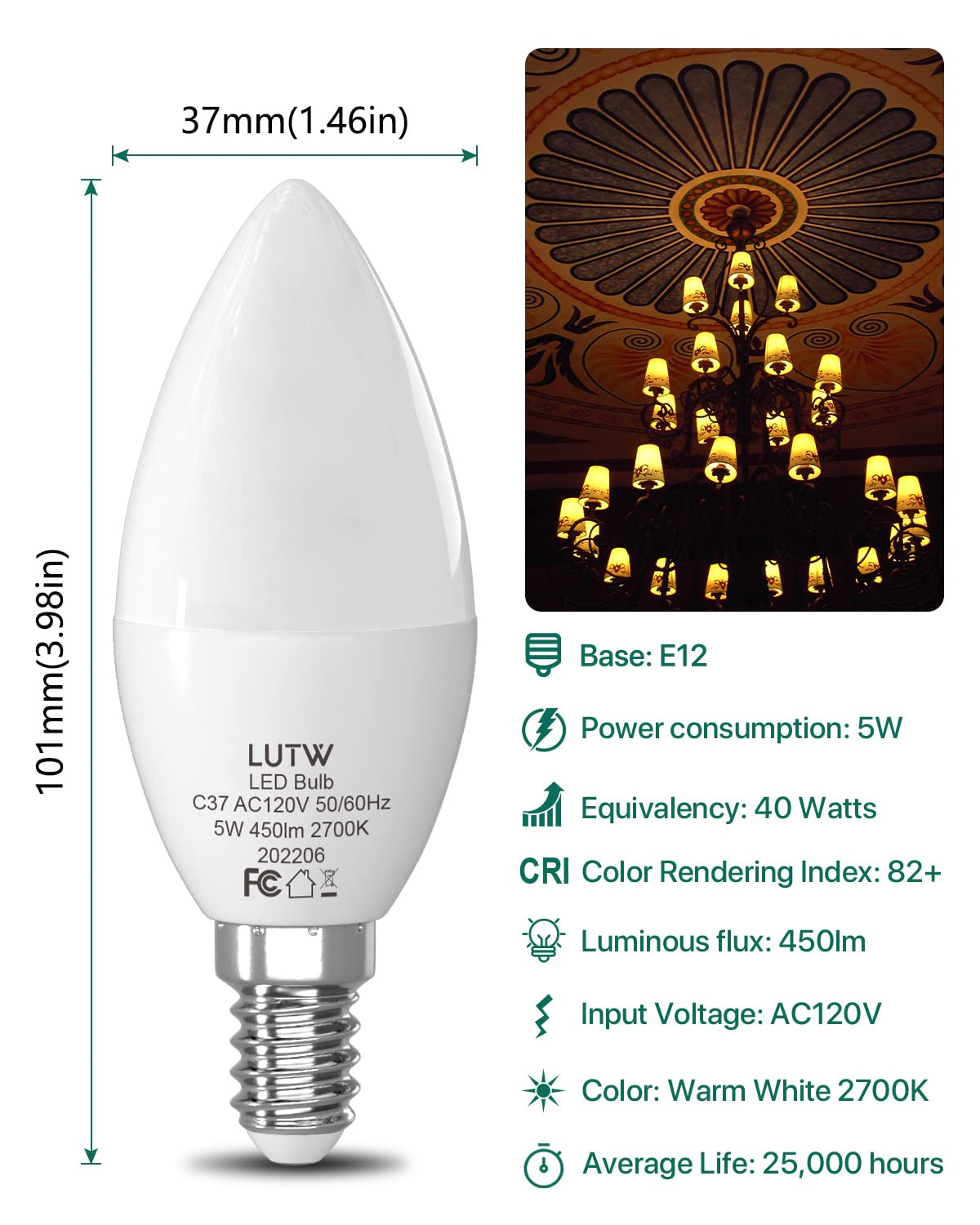 LUTW E12 B11 Candelabra LED Light Bulbs, 40W Eqv, 2700K, 6 Pack