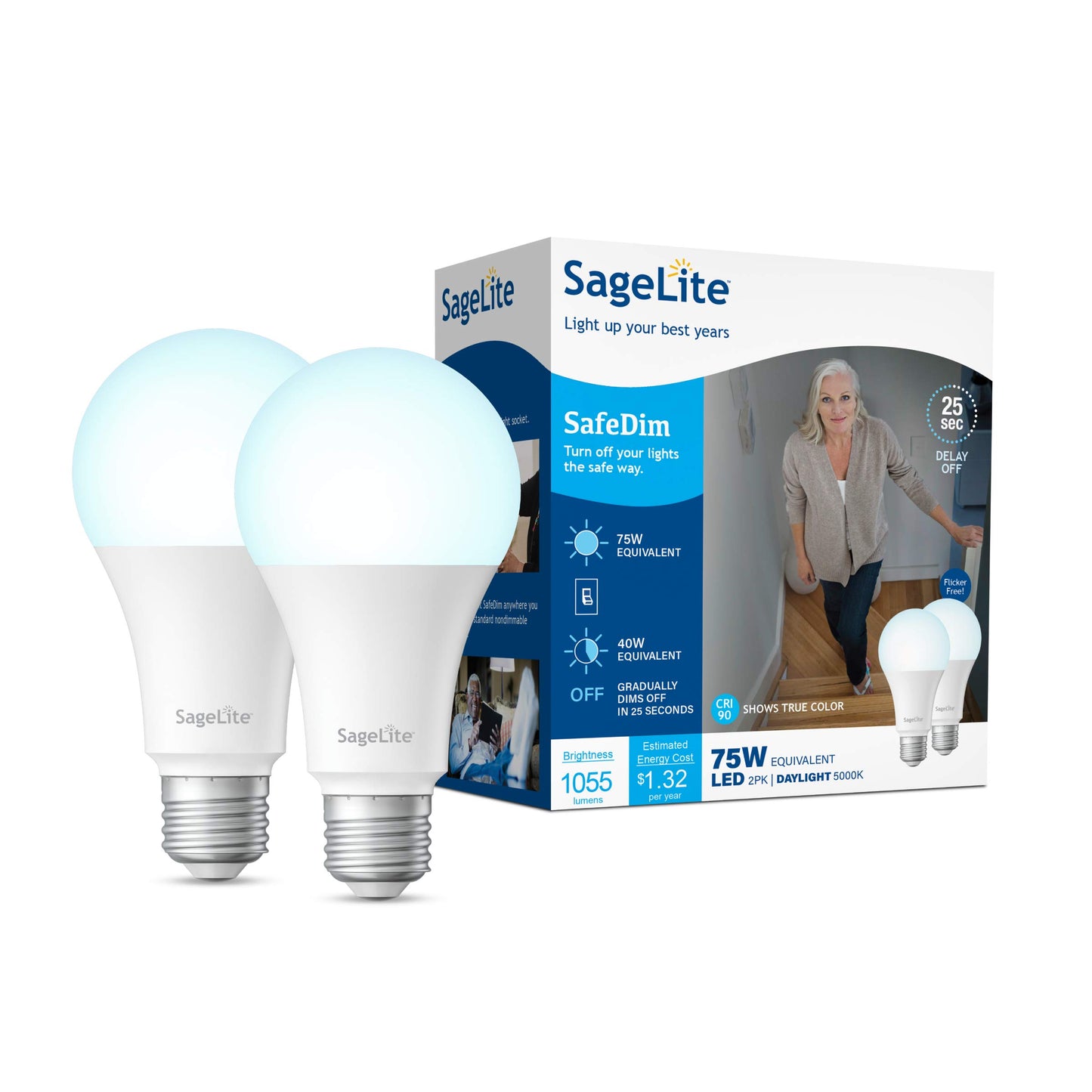 SAGELITE Delay Off LED Bulbs, 11W LED Light Bulb with 25 Seconds of Dimmed Light After Switch Off, 75W Equivalent Daylight (5000K) A21 Bulb E26 Base