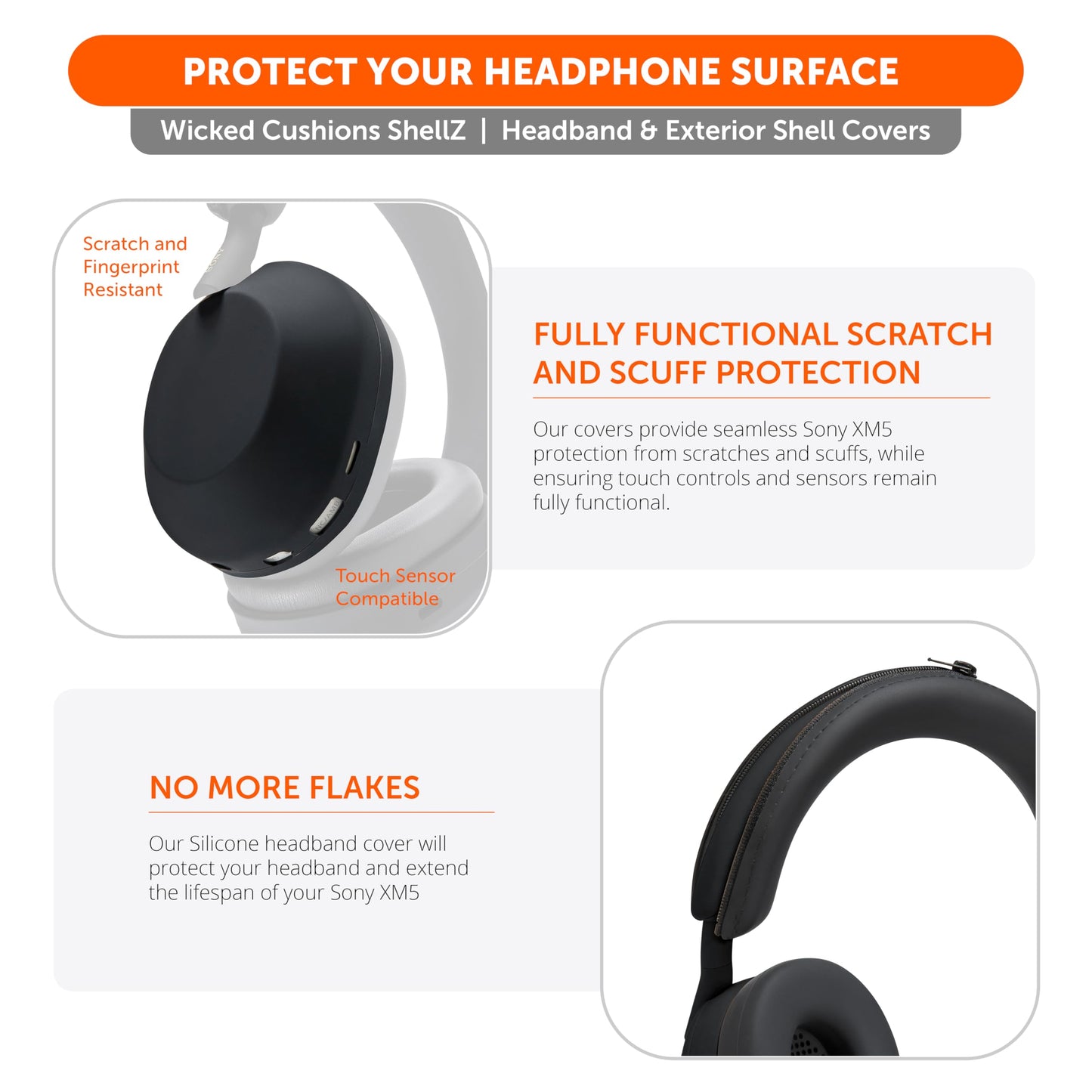 WC ShellZ XM5 - Protective Headphone Exterior Shell & Headband Covers for Sony WH1000XM5 Made by Wicked Cushions | Made with Premium Silicone | Black