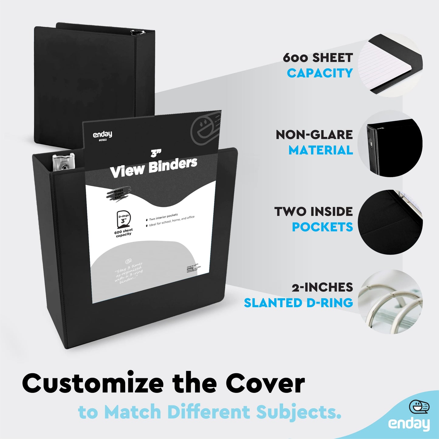 Enday 3 Inch Binder Black 3 Ring Binder 3 Inch, Heavy Duty Three Ring Binder, 600 Sheets Capacity - 3 Inch Binder for Home School and Office