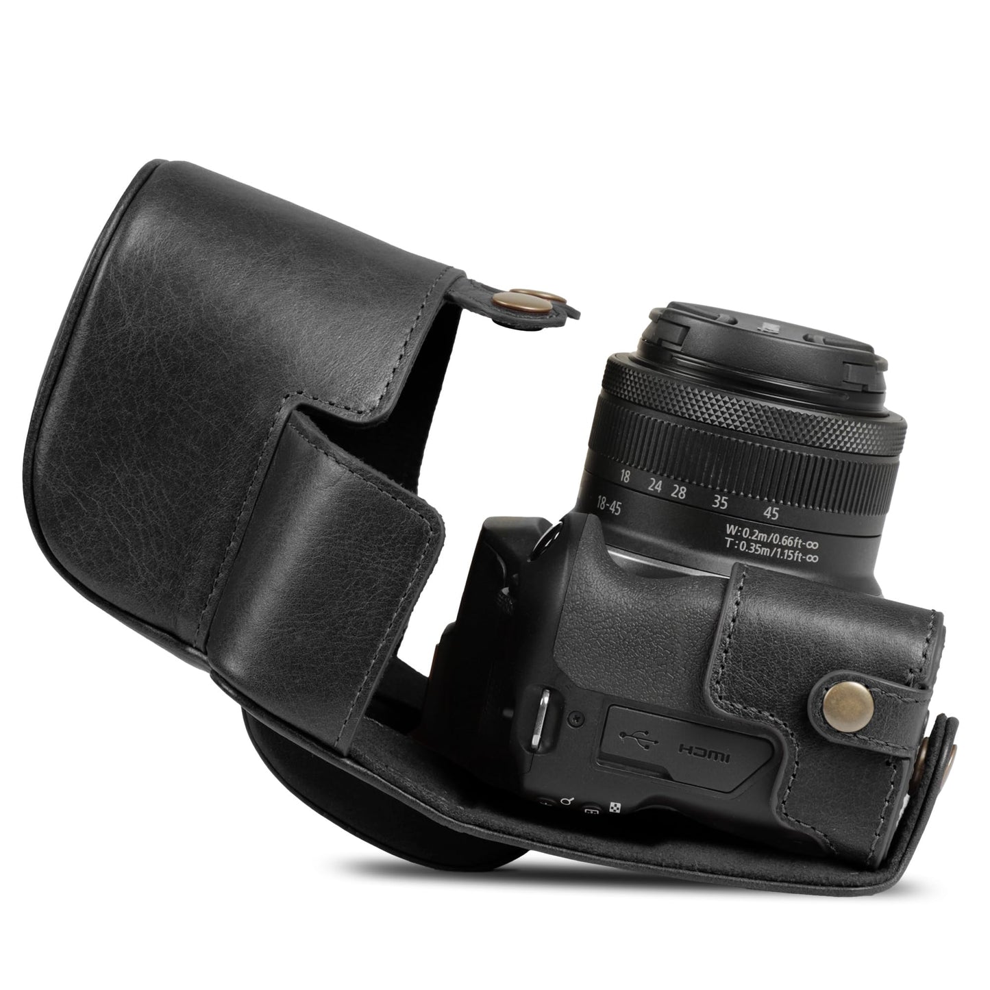 Mega Gear Genuine Leather Camera Case for Canon EOS R100 (18-45mm) - Stylish and Protective - Black
