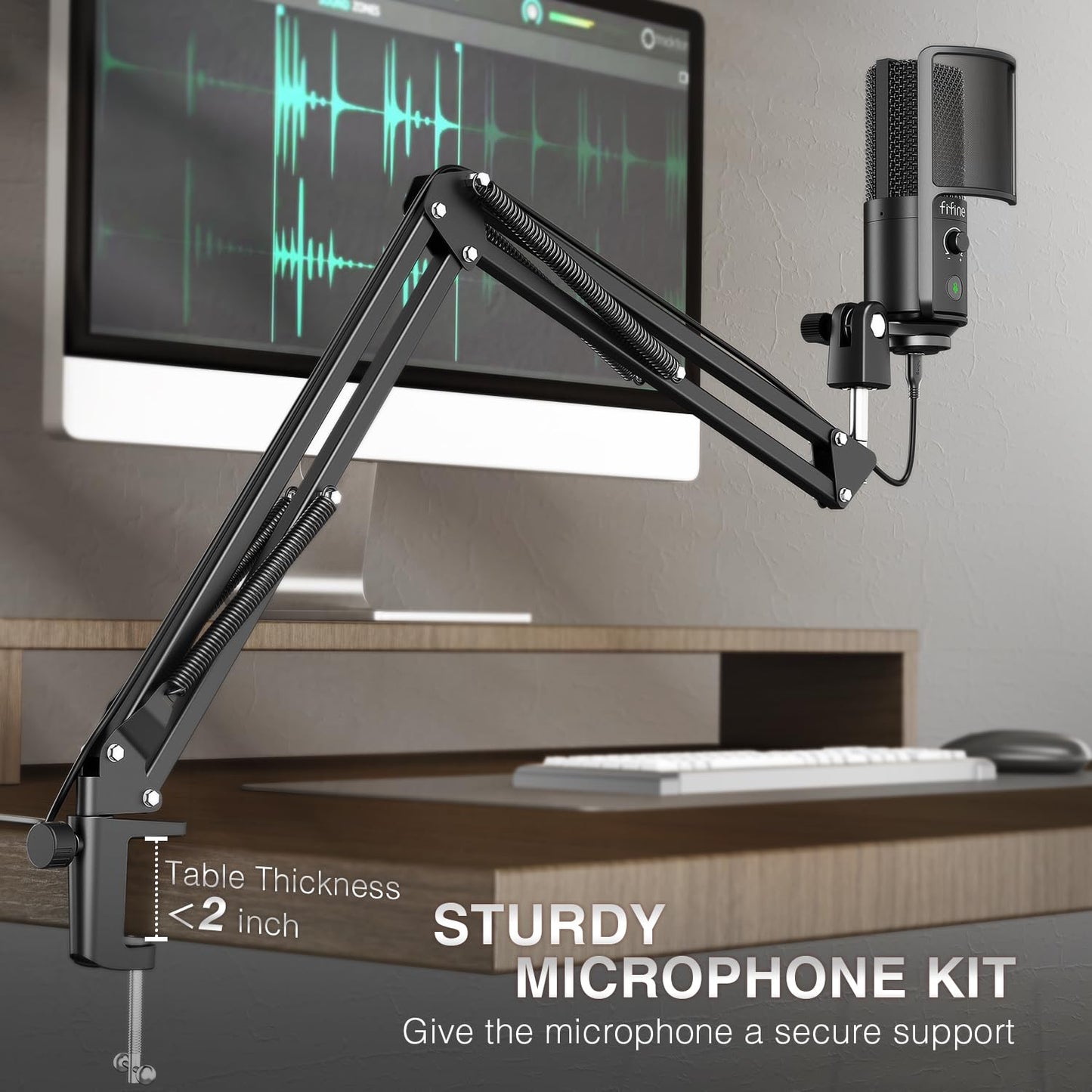 FIFINE USB Podcast Microphone, PC Computer Condenser Microphone Plug & Play Mic Kit with Boom Arm Stand, 16MM Large Diaphragm, Mute Button for