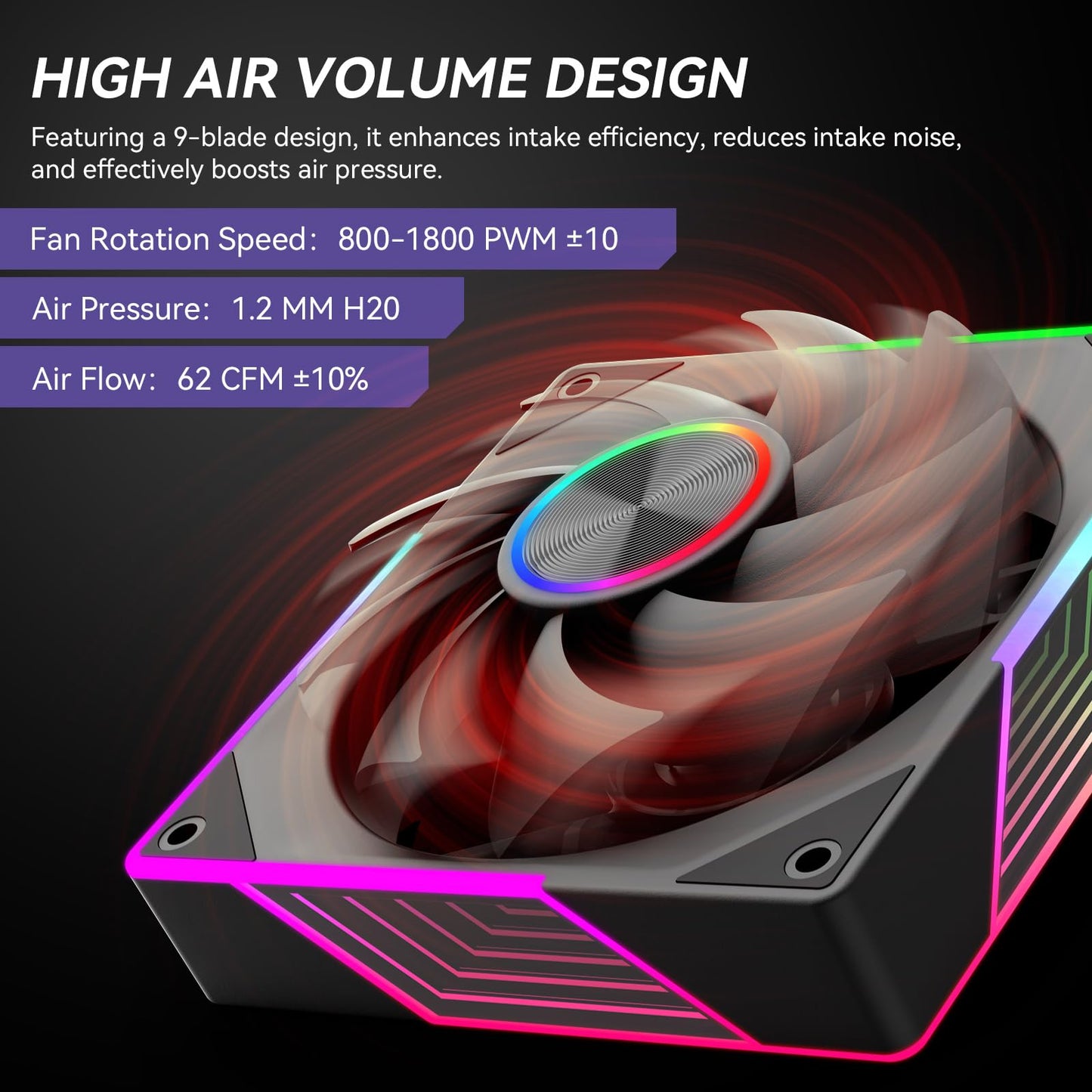 120mm ARGB Case Fan - 3 Pack, PWM Silent Cooling Fan for PC, 1800 RPM Black Reverse Fan