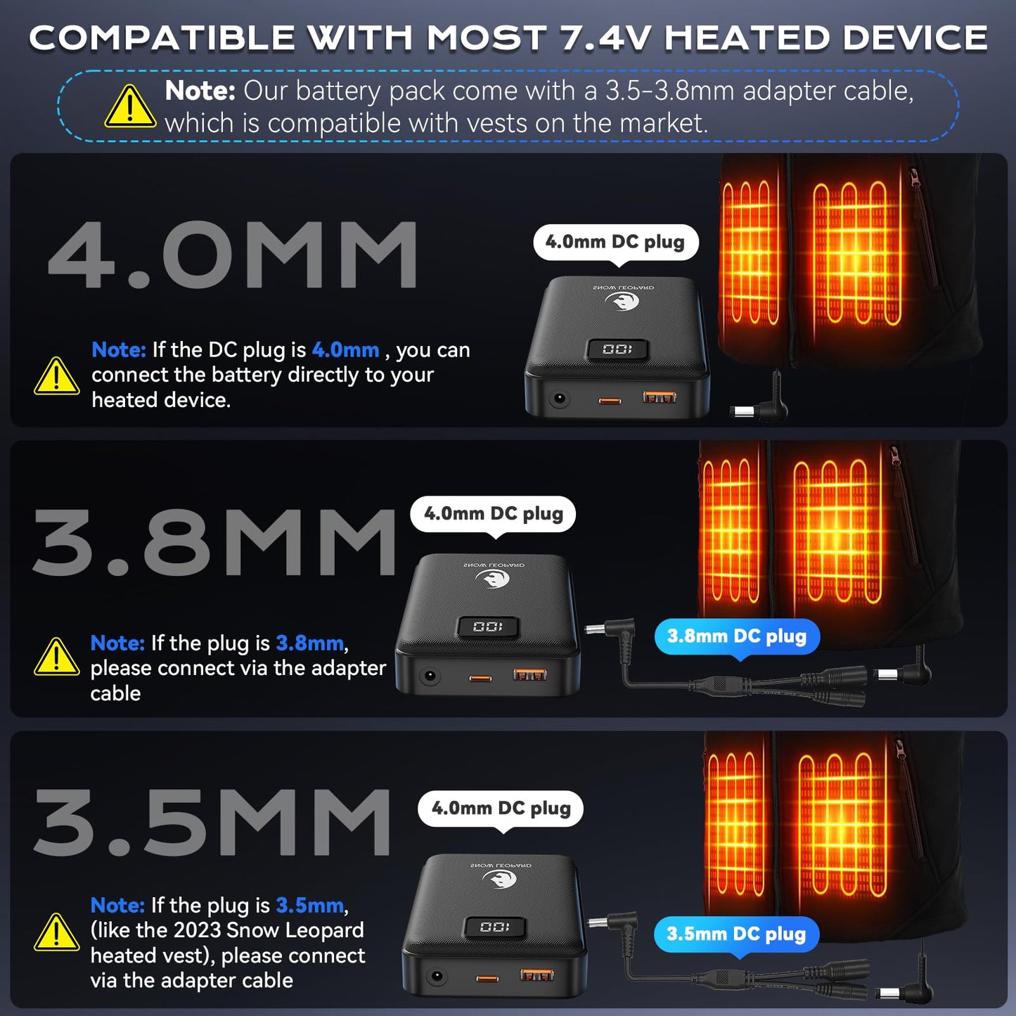 SNOW LEOPARD Heated Vest Battery Pack 7.4v 16000mah Power Bank for Heated Jacket with LED Display Battery Pack for Heating Vest with Dc/USB/Type-C