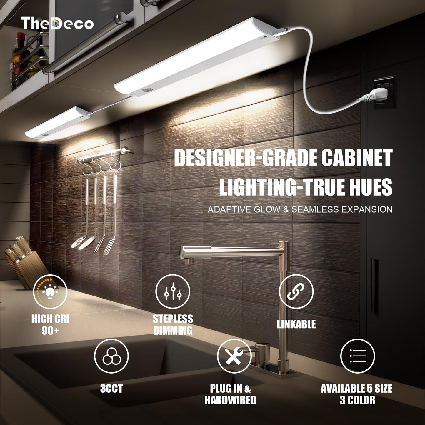 TheDeco 16" LED Under Cabinet Lighting, Plug-in or Hardwired Dual Installation, 3CCT Selectable 3000K/4000K/5000K, Dimmable 110V Kitchen Lights Under