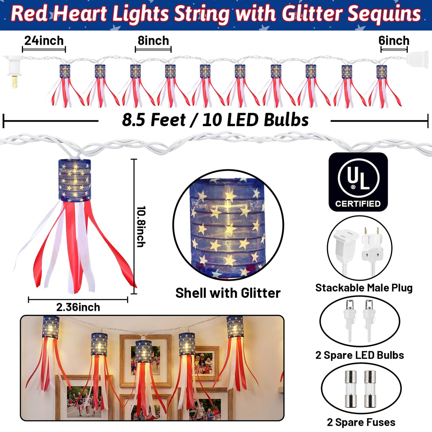 PASUTO 4th of July Decorations Lights, 8.5 FT American Flag Windsock String Lights Plug in with 10 LED Flag Windsock Bunting for Indoor/Outdoor Fourth