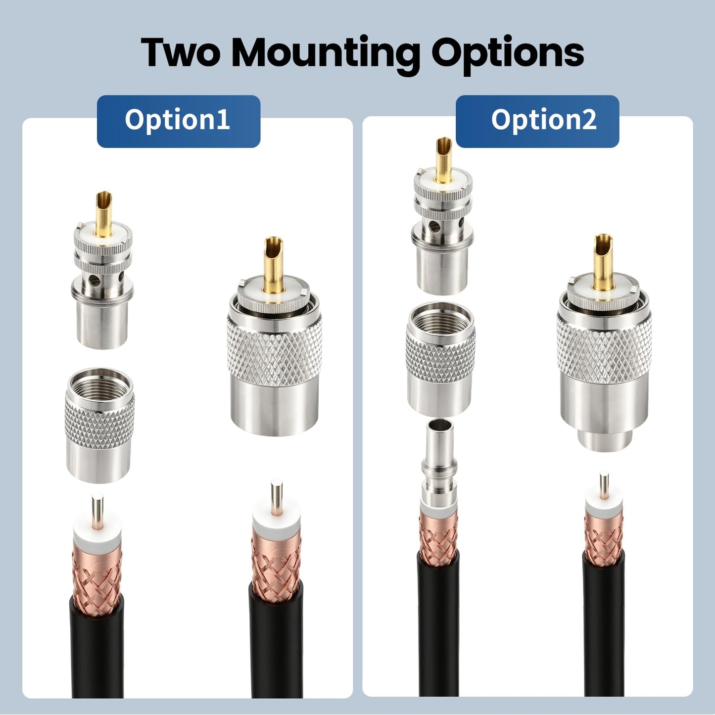 RFAdapter PL 259 Connectors, 2-Pack PL-259 UHF Male Solder Connector Plug with Reducer, Teflon Material 50ohm for RG59, RG8, RG8x, LMR-400, RG-213