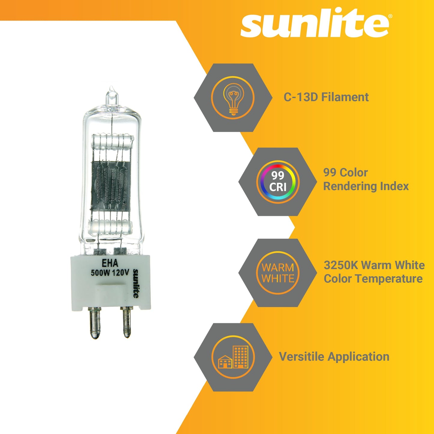 Sunlite T6 EHA Clear Light Bulb, 500 Watts, 120V, C-13D Filament, 4.17A, 11000 Lumens, 99 CRI, Medium 2-Pin GZ9.5 Base, 3250K Warm White, Ideal