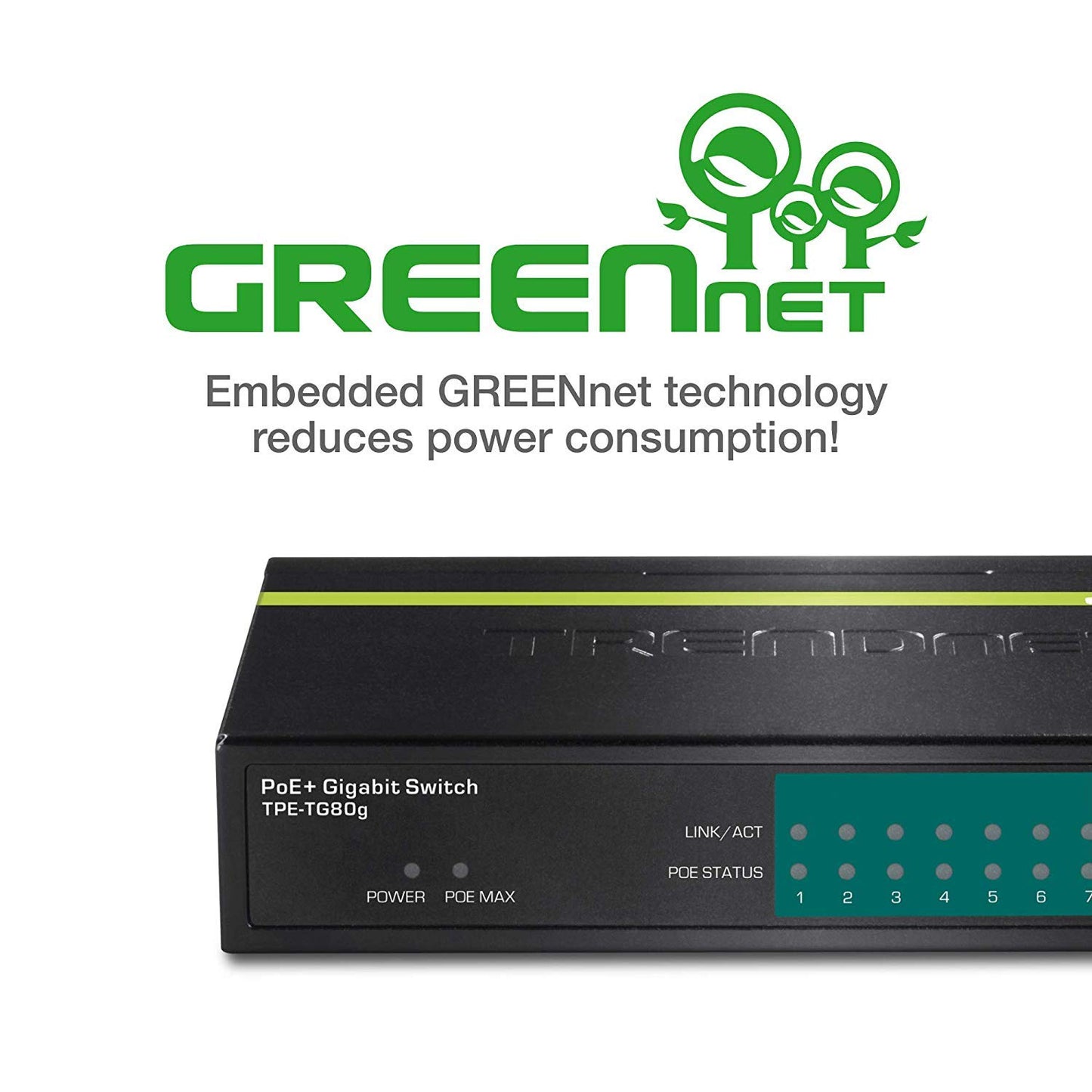 TRENDnet 8-Port Gigabit PoE+ Switch, TPE-TG80G, 8 x Gigabit PoE+ Ports, 123W PoE Power Budget, 16 Gbps, Ethernet Splitter, NDAA & TAA Compliant
