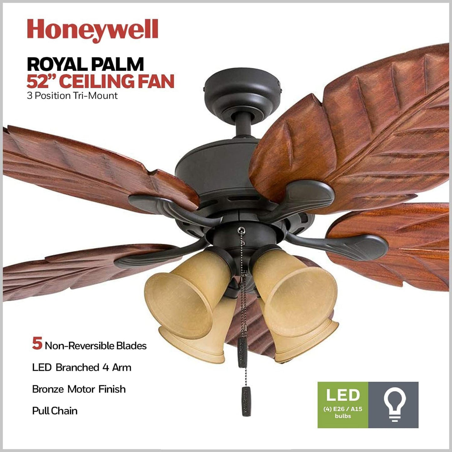 Honeywell Royal Palm 52 Inch Tropical LED Ceiling Fan, Aged Brass