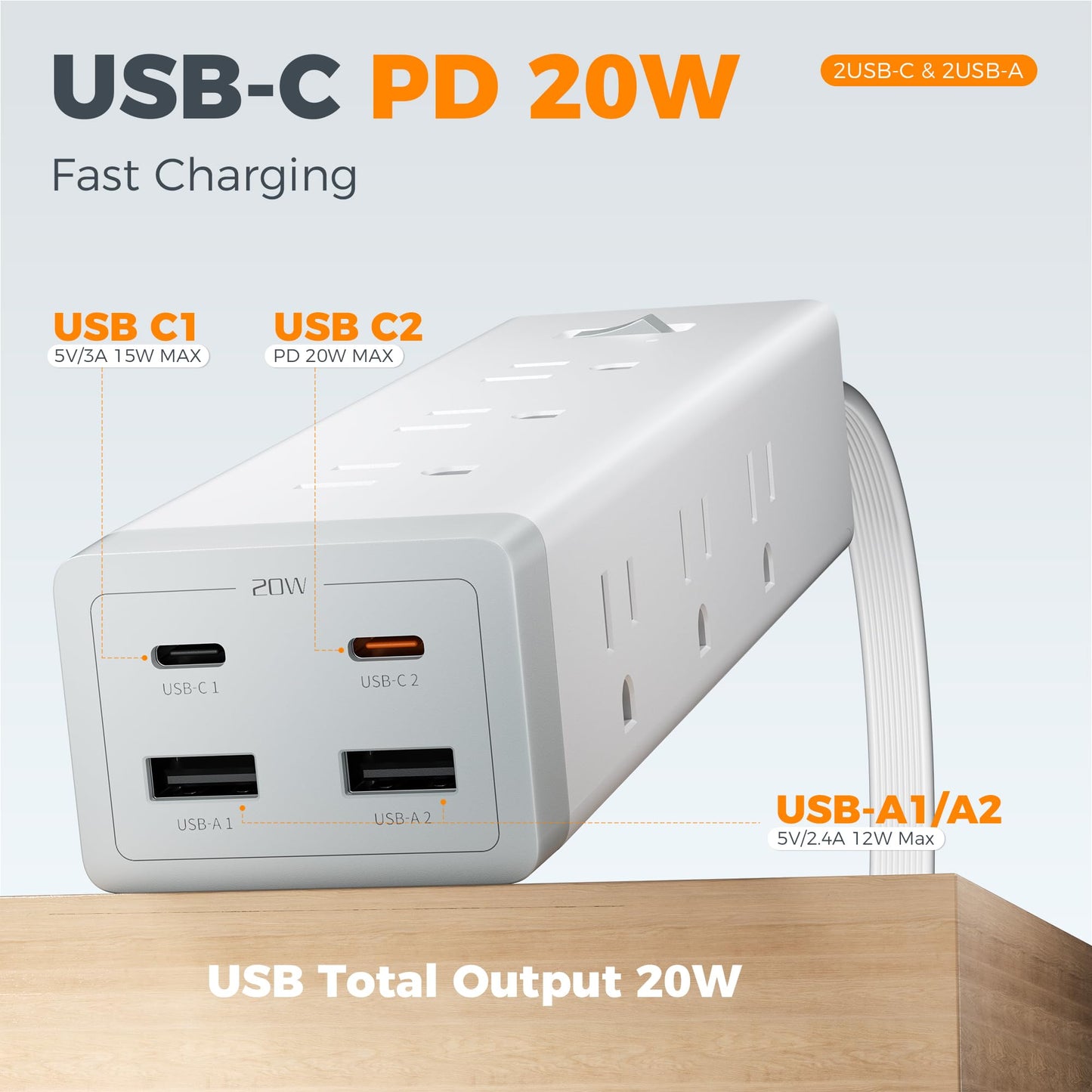 TESSAN Surge Protector Power Strip PD 20W, Ultra Thin Flat Plug 6 FT Extension Cord, 9 Outlets 4 USB(2 USB C), 1050J Protection Multiple Outlets