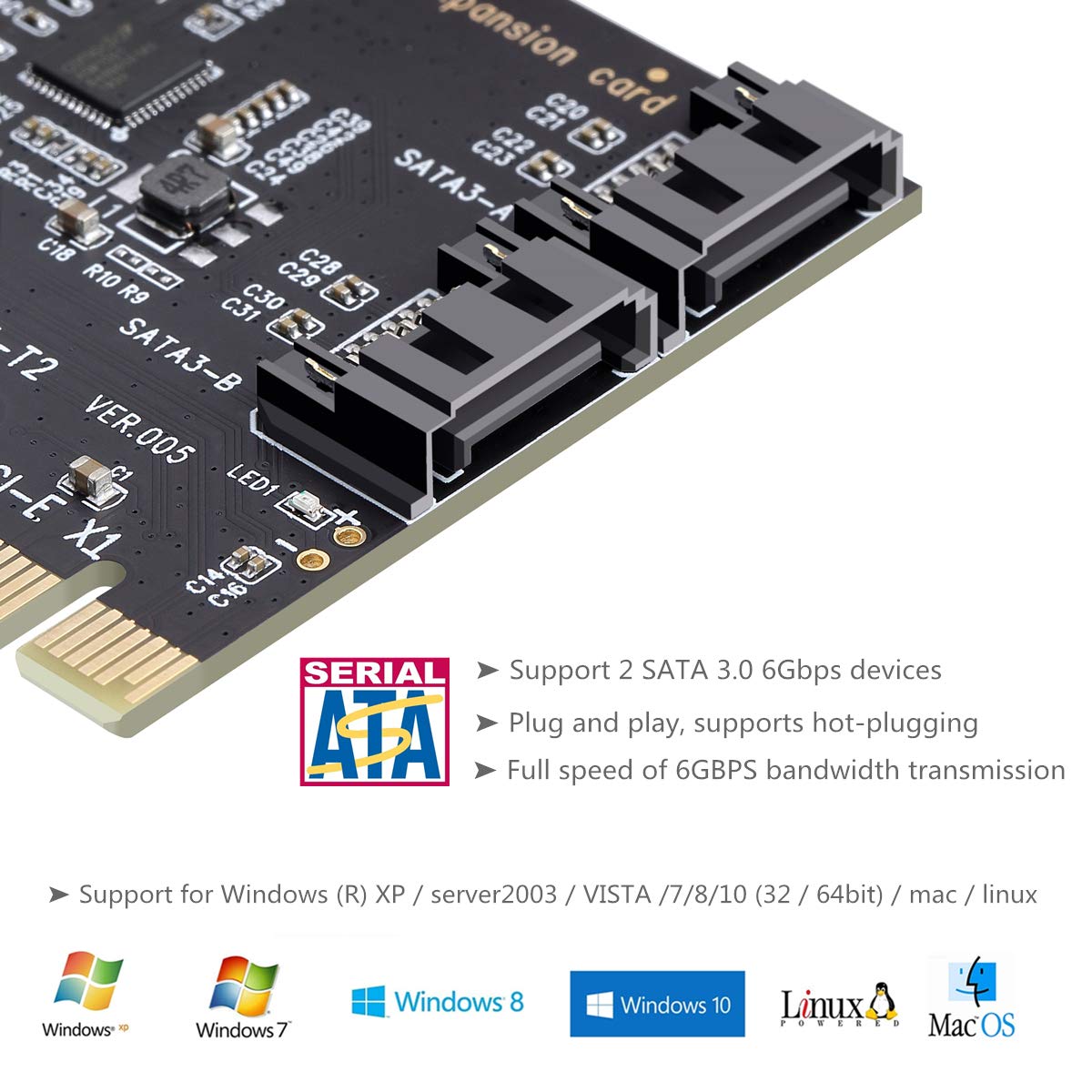 MHQJRH PCI Express 3.0 (2-Port) Controller Card, PCIe to SATA III 6Gb/s Converter, Supports SSD and HDD, Includes Bracket and 2 SATA Cables