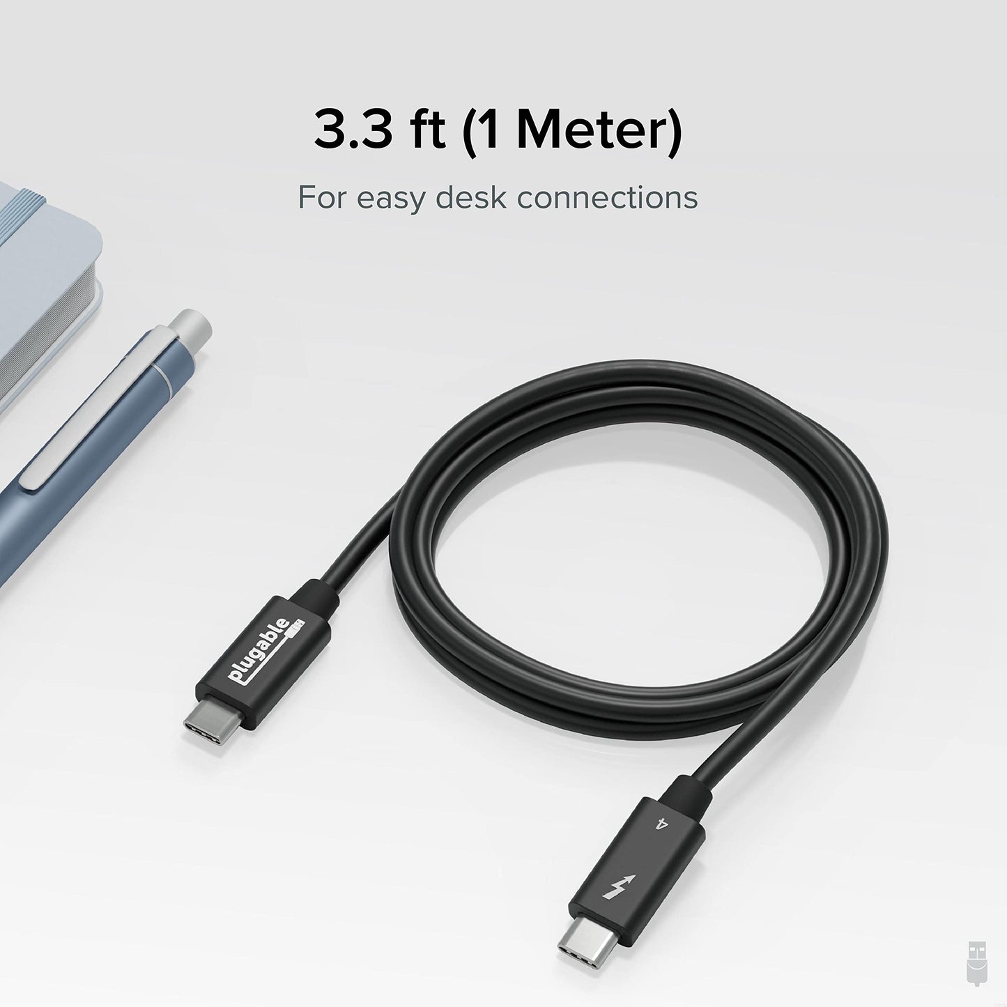 Plugable Thunderbolt 4 Cable 240W EPR Charging, 1M (3.3ft), Thunderbolt Certified, 40Gbps Data, Dual 4K or 1x 8K Display, Compatible with USB4