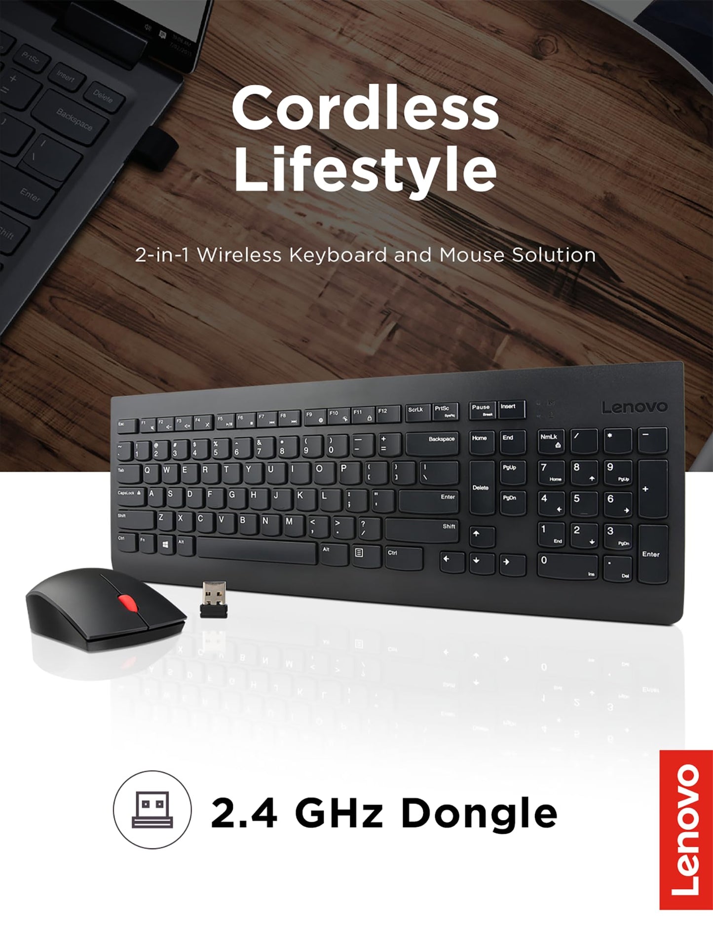 Lenovo 510 Wireless Keyboard & Mouse Combo, 2.4 GHz Nano USB Receiver, Full Size, Island Key Design, Left or Right Hand, 1200 DPI Optical Mouse