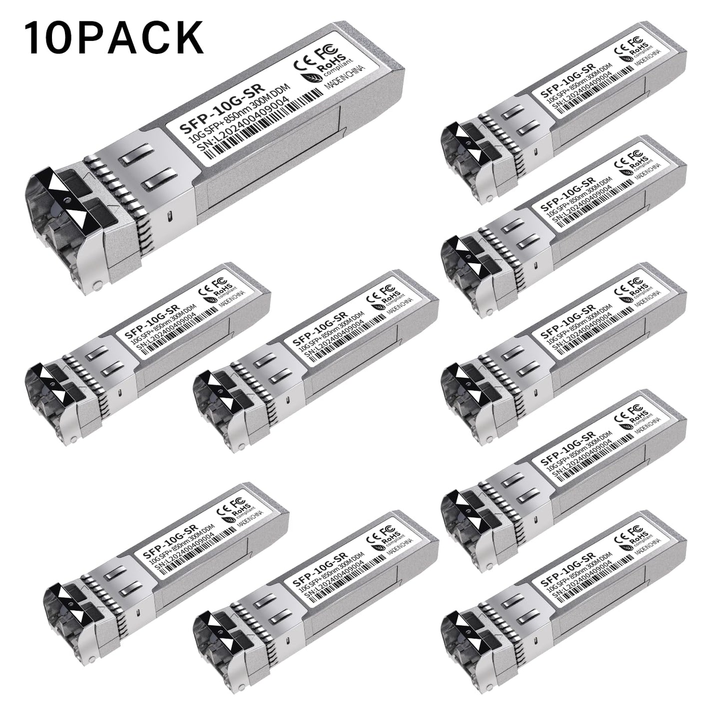 10Pack 10G SFP+ LC Module, 10GBase-SR Multi-Mode Ethernet Transceiver, 850nm MMF up to 400m - Compatible with Cisco, Meraki, Ubiquiti, Mikrotik
