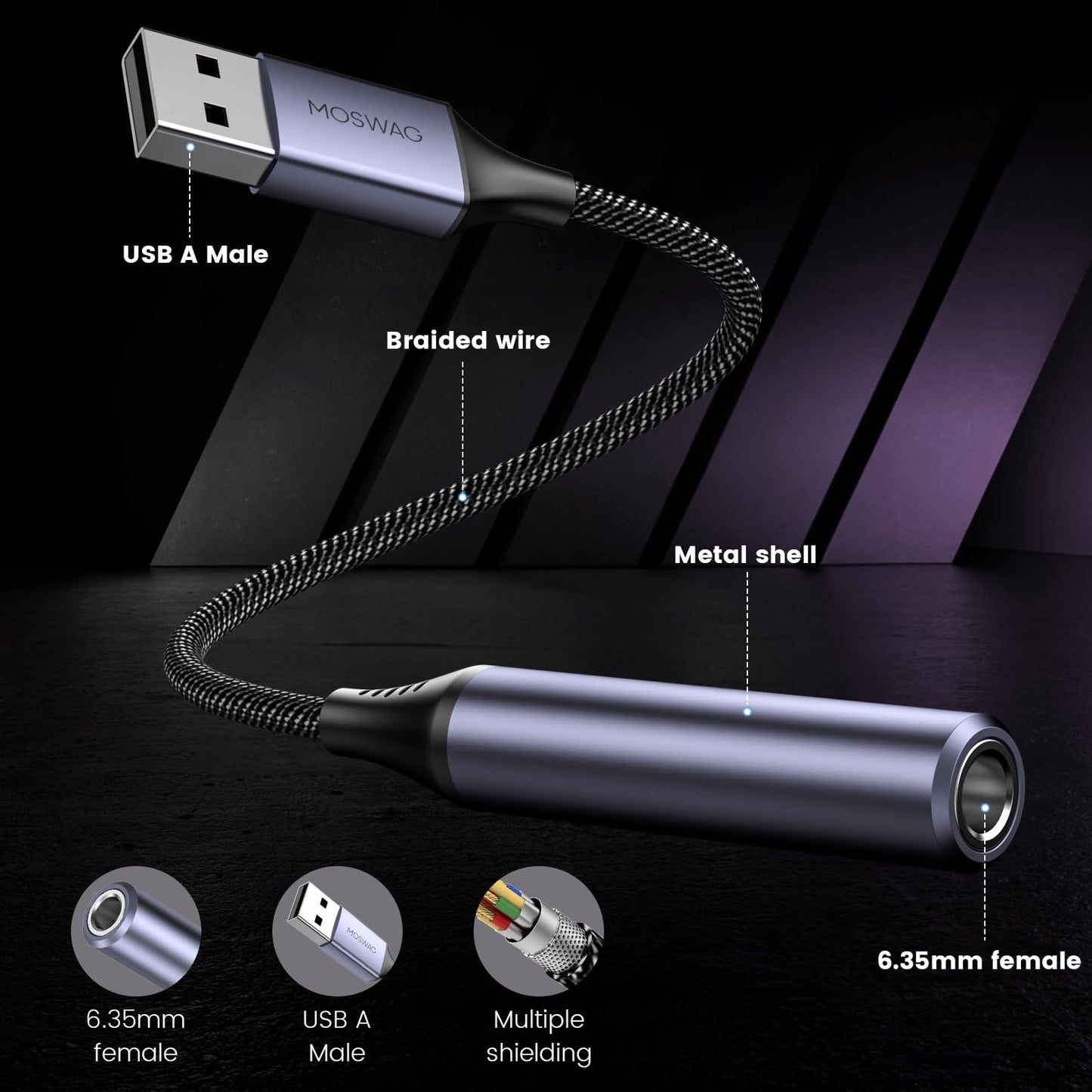 MOSWAG USB to 1/4 Jack Audio Adapter, USB to 6.35mm Female Headphone Aux Adapter with External Sound Card Compatible with Laptop, PC, Amplifier