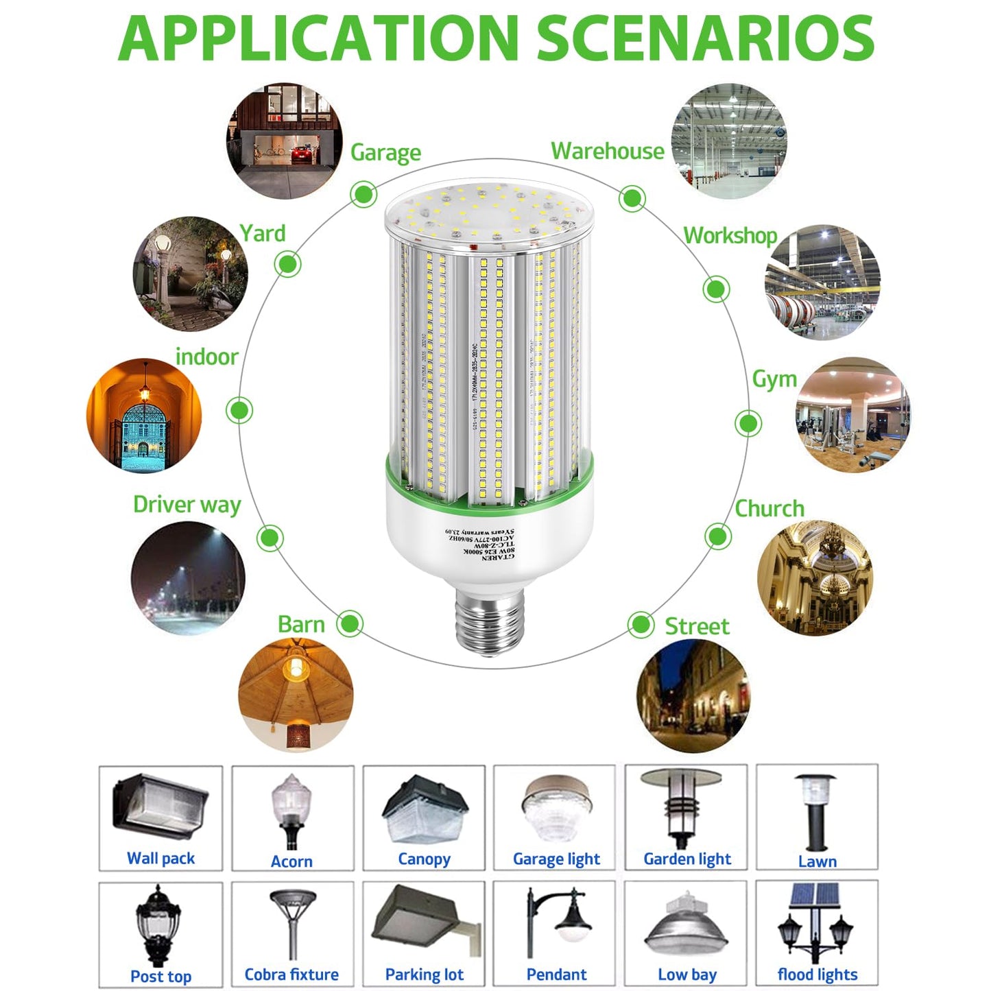 GTAREN 80W LED Corn Light Bulb 2pack,250 Watt Metal Halide HPS CFL HID lamp LED Replacement,5000K E39 Mogul Base,for Street and Area Lighting Bay