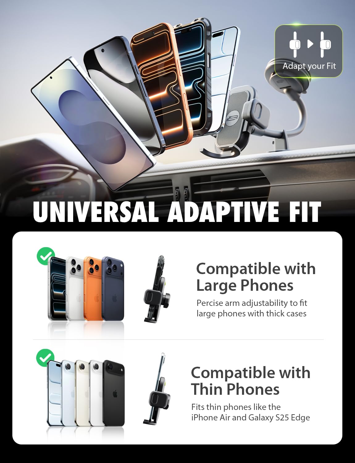 Bracketron TripGrip PRO Car Phone Holder Mount - Phone Holders for Your Car with 7.5" Flexible Gooseneck for Dash & Windshield - Compatible with Most
