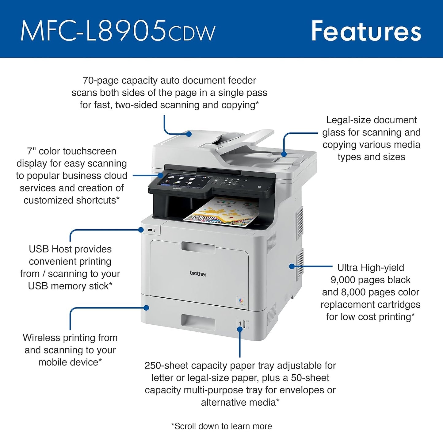 Brother Color Laser All-in-One Printer with Advanced Security, High-Speed 33ppm Printing, Wireless Network, 7 in Touchscreen, Duplex Print and Scan