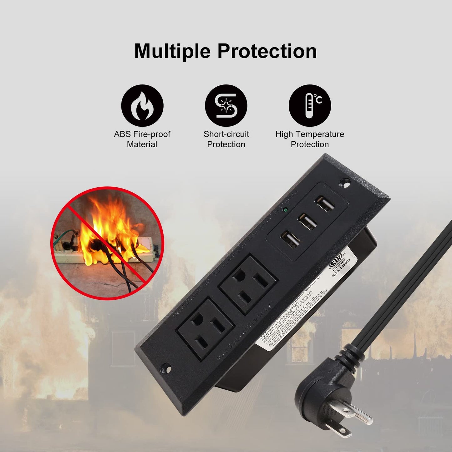 Desktop Recessed Power Strip with USB Flush Mount Power Socket 2 Outlets 3 USB Ports (15W/3A) Flat Plug Charge Station for Table Cabinet Sofa Counter