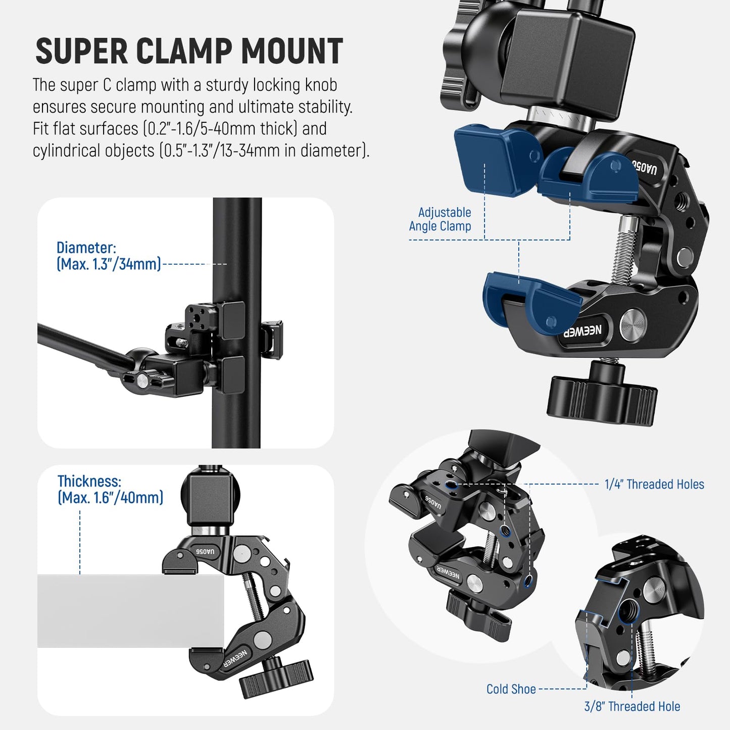 NEEWER 30" Articulating Magic Arm with Super Clamp/Action Cam Mount/Phone Holder, Overhead Camera Desk Mount Mic Boom Stand, Compatible with GoPro