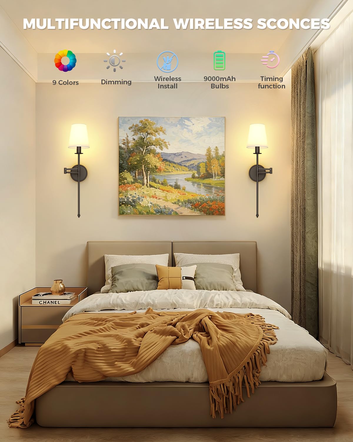 Joosenhouse Black Wireless Wall Sconces Set of 2, Battery Operated Wall Lights with Remote Control, 9 RGB Color Options, 24.8 inch Dimmable Wall
