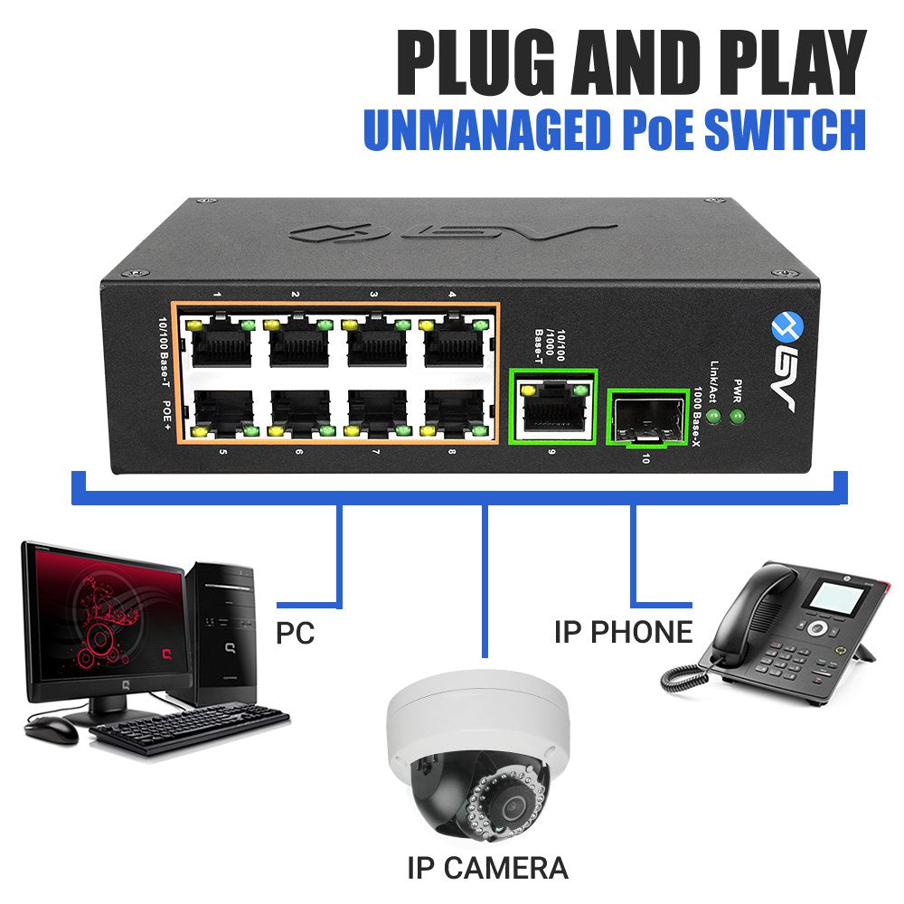 BV-Tech 8 Port PoE Switch with 1 Gigabit Uplink and Industrial DIN Rail - Power Over Ethernet Network Switch for IP Cameras, VoIP Phones, Wireless APs