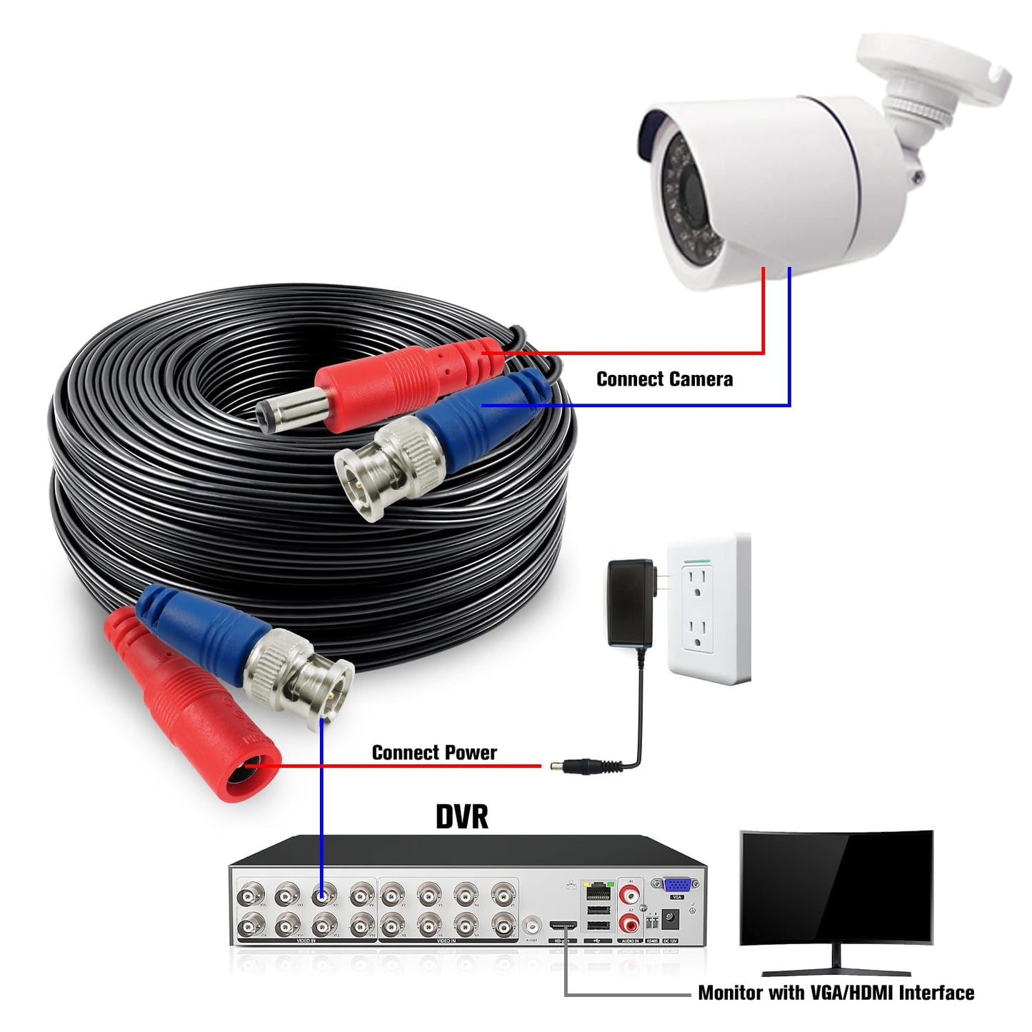 SHD 4Pack 100Feet Video Power Cable - BNC to RCA & BNC Female Connectors for CCTV Security Surveillance System
