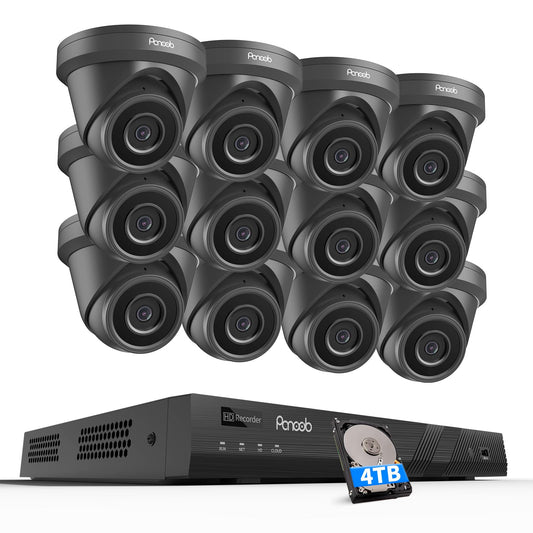 16 Channel Security Camera System 4K PoE, 12x 8MP Wired IP Black Turret Dome Camera with AI Human Vehicle Detection, Built-in Mic, Remote Access 24-7