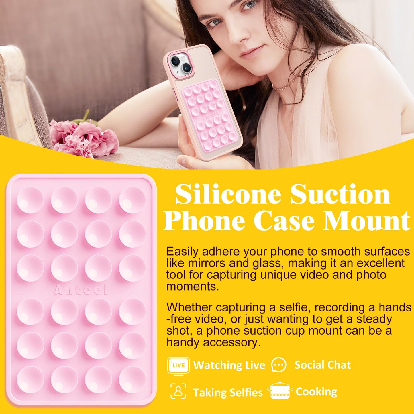 PKYAA Silicone Suction Phone Case Adhesive Mount, Upgraded Super Strong Grip, Durable, Easy to Use, Hands-Free Sticky Phone Holder for Selfies, Tiktok