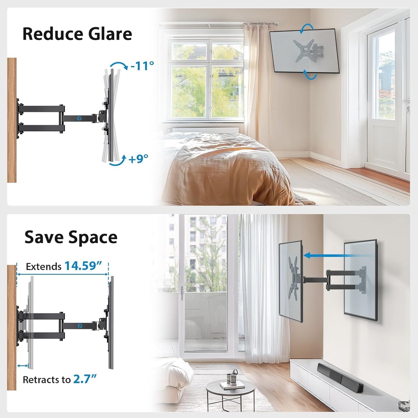 Pipishell Full Motion TV Wall Mount for Echo Show 21/15 and 13-43 Inch Flat Curved Screen TVs & Monitors, Max VESA 200x200mm up to 44lbs, TV Mount