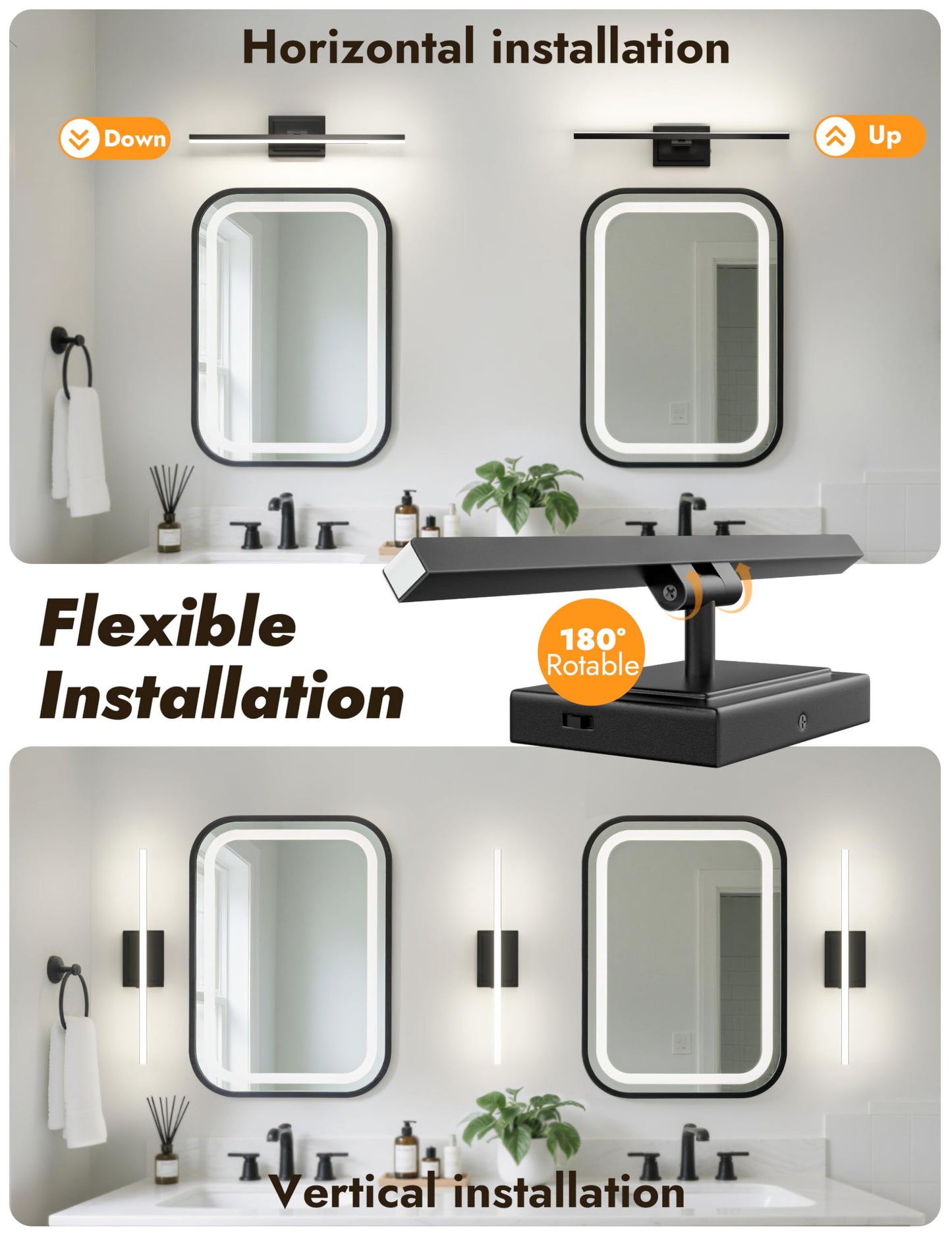 NIORSUN 24 Inch Modern Bathroom Light Fixture, 14W 5CCT Dimmable LED Black Bathroom Vanity Lights Over Mirror, Vanity Lights for Bathrooms Restroom