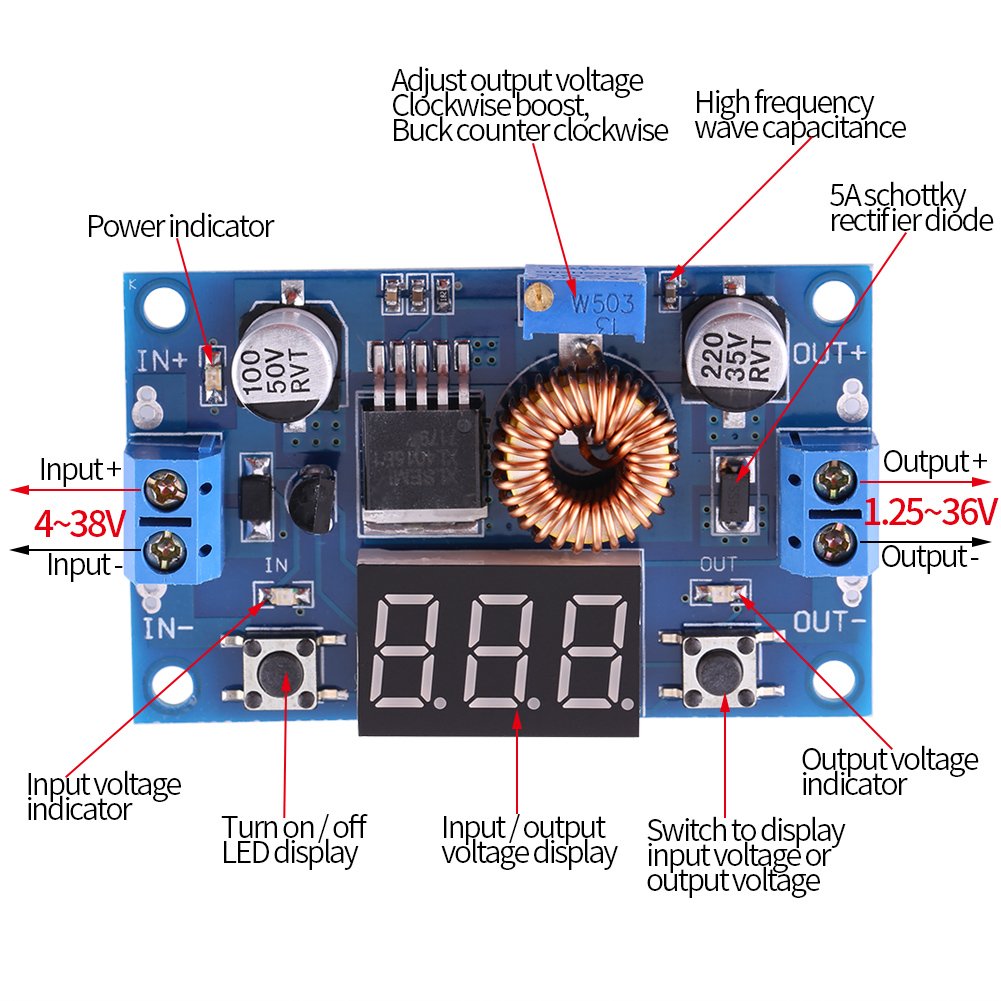 Adjustable Power Module DC-DC Converter 5A 4.0V~38V to 1.25V~36V Voltage Regulator for High-Power LED Driver Converter