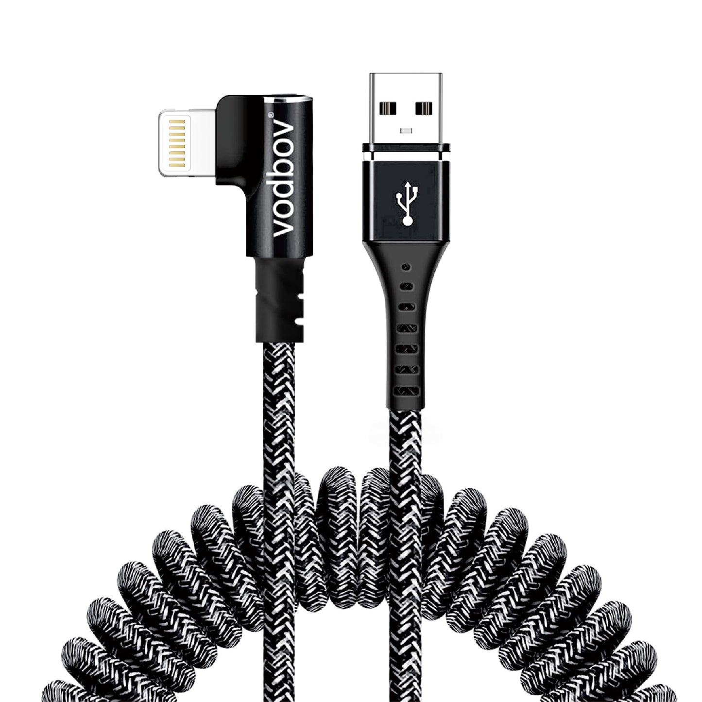 VODBOV Coiled 90° USB-A to Lightning Cable (Zebra Black) - Braided, Fast Charging, Right-Angle Car Charger Cord, 2-8 ft Stretch for iPhone & iPad