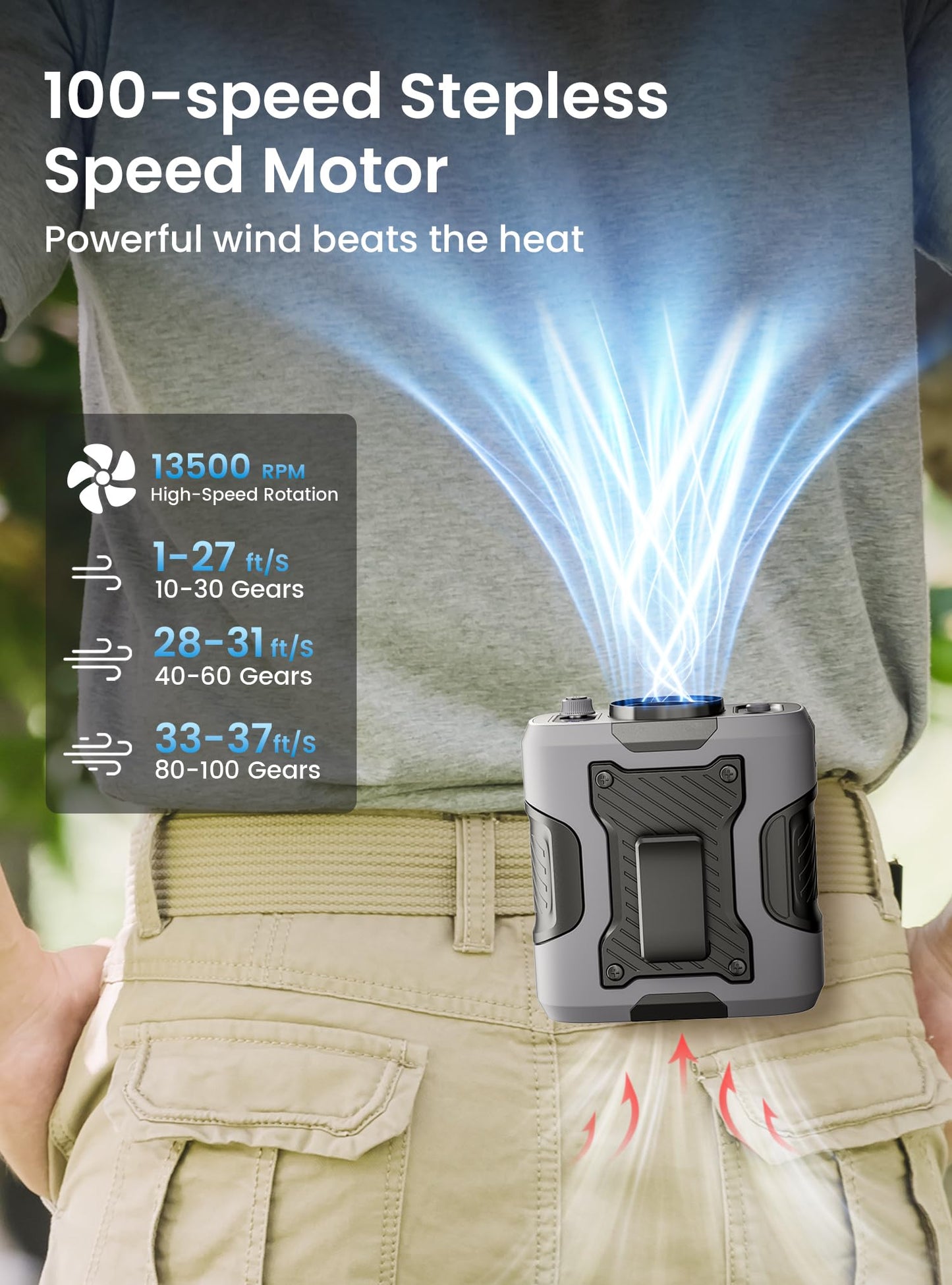 Koonie Waist Clip-on Fan for Shirt, 100 Levels of Speeds, 24H Work Time