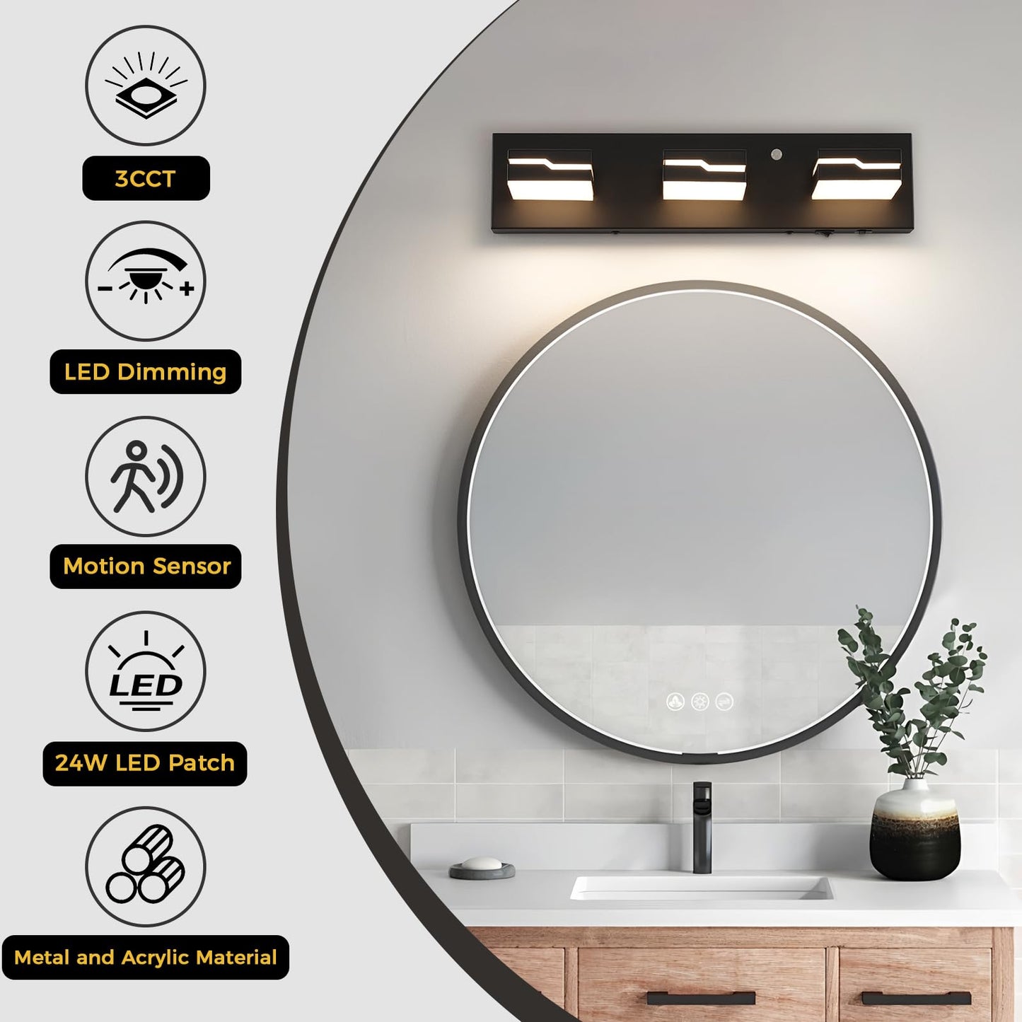 Merexcint LED Modern Bathroom Vanity Light Fixtures 3-Light, 19 inch 3CCT Dimmable Nickel Motion Sensor Vanity Lights for Bathroom Lighting Fixtures