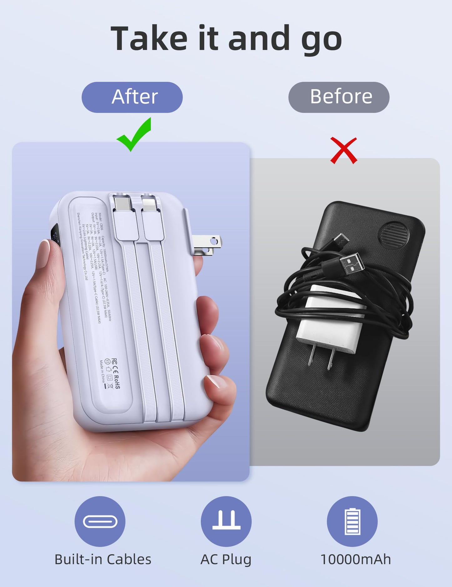 RORRY Portable Charger w/Wall Plug 10000mAh Power Bank 22.5W Battery Pack