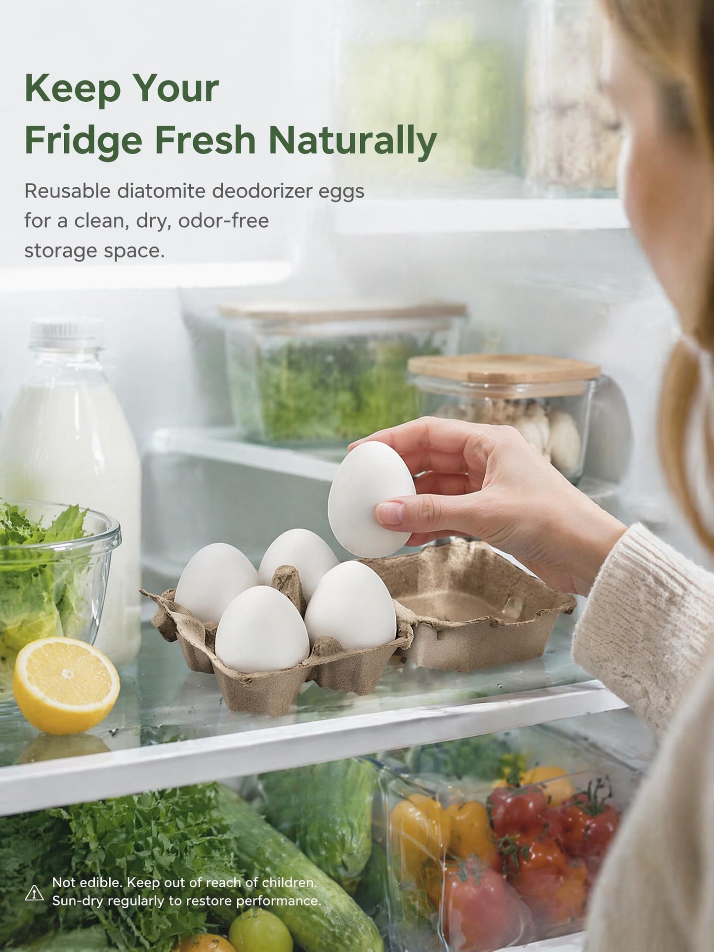 4 Pcs Egg-Shaped Diatomaceous Earth Fridge Odor Remover, Reusable Diatomite Fridge Deodorizer for Food Storage, Safe Refrigerator Odor Absorber